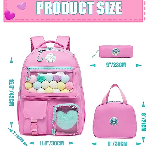 ZBAOGTW Cute Backpack for Girls Aesthetic Backpack Clear, Backpack with Lunch Box Casual Bag Pink Backpack for Elementary School Teens Back to School Supplies