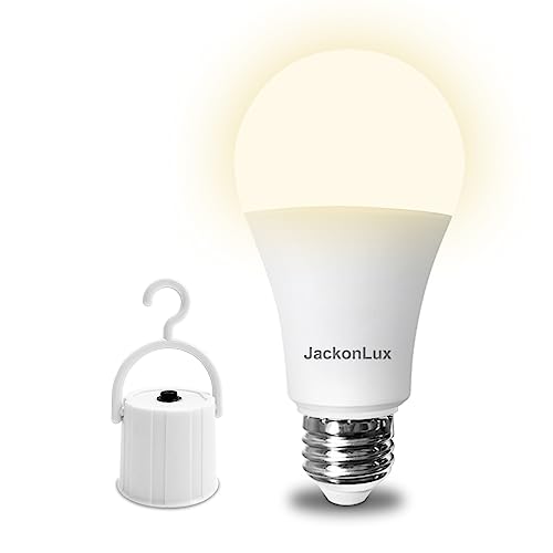 Rechargeable Emergency LED Bulb JackonLux Multi-Function Battery Backup Emergency Light For Power Outage Camping Outdoor Activity Hurricane 9W 800LM 60W Equivalent Soft White 3000K E26 120 Volt 1 Pack