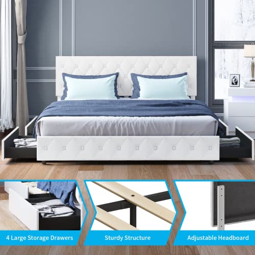 Mjkone Upholstered Platform Bed Frame with 4 Storage Drawers, PU Leather Modern Bed Frame with Adjustable Headboard, No Box Spring Needed/Easy Assembly (White, California King)