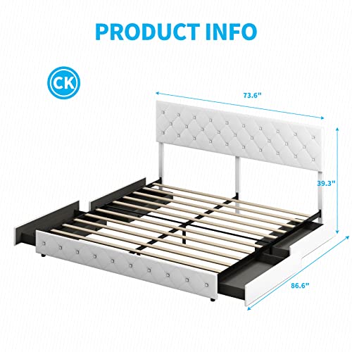 Mjkone Upholstered Platform Bed Frame with 4 Storage Drawers, PU Leather Modern Bed Frame with Adjustable Headboard, No Box Spring Needed/Easy Assembly (White, California King)