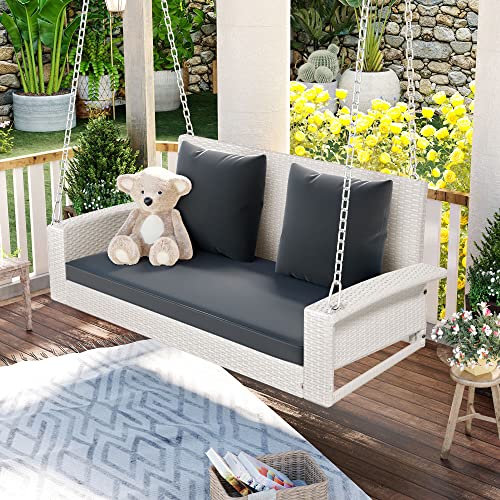 2-Person Patio Porch Swing Bench w/Cushions and Pillows, Outdoor Rattan Swing Chair w/Steel Chains, Wicker Hanging Porch Bench for Deck & Poolside, 50 inch, White with Gray