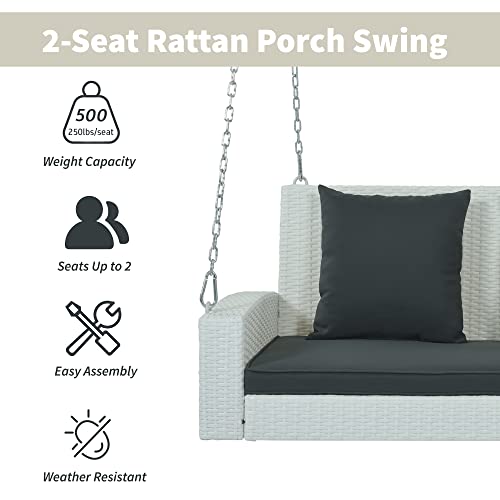 2-Person Patio Porch Swing Bench w/Cushions and Pillows, Outdoor Rattan Swing Chair w/Steel Chains, Wicker Hanging Porch Bench for Deck & Poolside, 50 inch, White with Gray