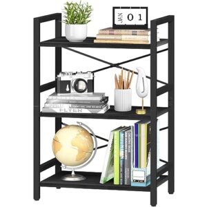 yoobure bookshelf small book shelf, solid industrial 3 tier shelf bookcase, short book case for bedroom, living room, office home, small spaces, easy assembly black