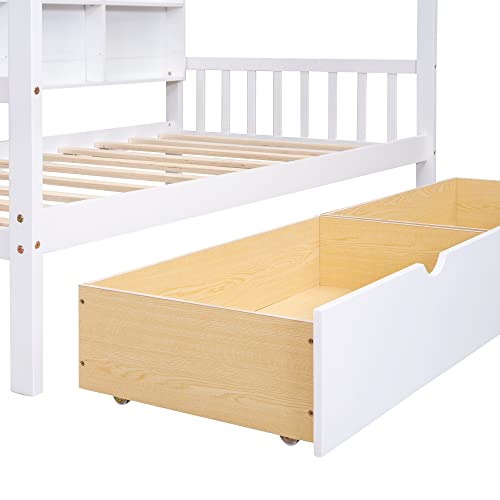 P PURLOVE Twin Size Daybed with Storage Drawers,Kid House Bed Frame with Storage Shelf and Roof for Kids,Girls,Twin Wood Montessori FloorBed with Roof and Fence for Girls, Boys,White