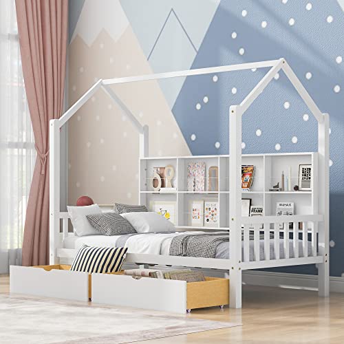 P PURLOVE Twin Size Daybed with Storage Drawers,Kid House Bed Frame with Storage Shelf and Roof for Kids,Girls,Twin Wood Montessori FloorBed with Roof and Fence for Girls, Boys,White