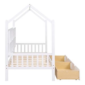 P PURLOVE Twin Size Daybed with Storage Drawers,Kid House Bed Frame with Storage Shelf and Roof for Kids,Girls,Twin Wood Montessori FloorBed with Roof and Fence for Girls, Boys,White