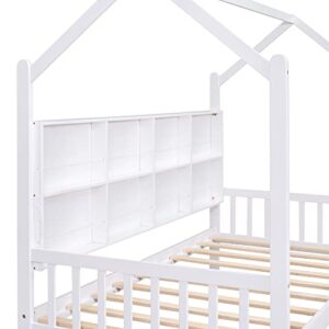 P PURLOVE Twin Size Daybed with Storage Drawers,Kid House Bed Frame with Storage Shelf and Roof for Kids,Girls,Twin Wood Montessori FloorBed with Roof and Fence for Girls, Boys,White