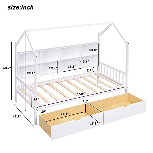 P PURLOVE Twin Size Daybed with Storage Drawers,Kid House Bed Frame with Storage Shelf and Roof for Kids,Girls,Twin Wood Montessori FloorBed with Roof and Fence for Girls, Boys,White