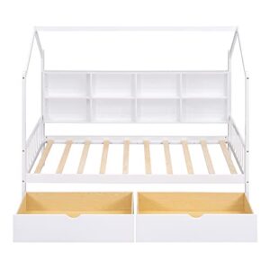 P PURLOVE Twin Size Daybed with Storage Drawers,Kid House Bed Frame with Storage Shelf and Roof for Kids,Girls,Twin Wood Montessori FloorBed with Roof and Fence for Girls, Boys,White