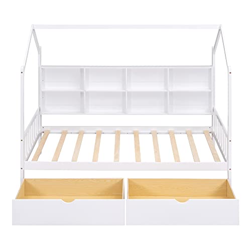 P PURLOVE Twin Size Daybed with Storage Drawers,Kid House Bed Frame with Storage Shelf and Roof for Kids,Girls,Twin Wood Montessori FloorBed with Roof and Fence for Girls, Boys,White