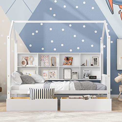 P PURLOVE Twin Size Daybed with Storage Drawers,Kid House Bed Frame with Storage Shelf and Roof for Kids,Girls,Twin Wood Montessori FloorBed with Roof and Fence for Girls, Boys,White