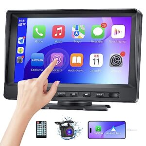 portable car stereo for apple carplay wireless android auto, bluetooth carplay screen, 7 inch ips touch screen car radio with backup camera, support bluetooth handsfree, mirror link, fm/aux/usb/tf