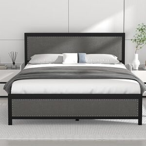 vecelo full size bed frame with linen fabric headboard and footboard, heavy-duty platform with strong steel slats, no box spring needed, easy assembly, grey