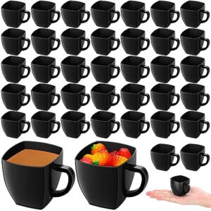 amyhill 100 pcs 2 oz disposable tea cups mini plastic tea cup bulk with handle hard plastic coffee mug disposable square espresso mug for tea party catering (black)