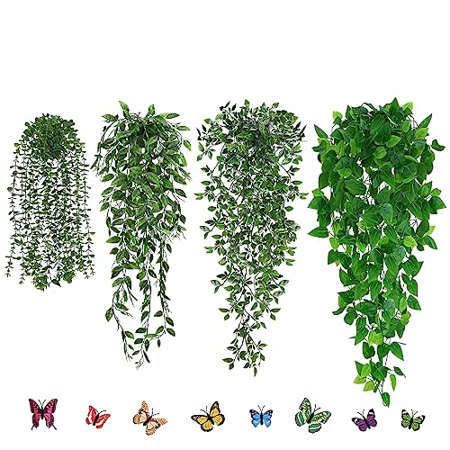 Waipfaru Fake Hanging Plant with Pot, 4Pcs Artificial Hanging Plants with Fake Ivy Vines, Faux Potted Greenery Faux Eucalyptus Pothos Mandala Pea Pods for Home Room Wall Shelf Indoor Outdoor Decor