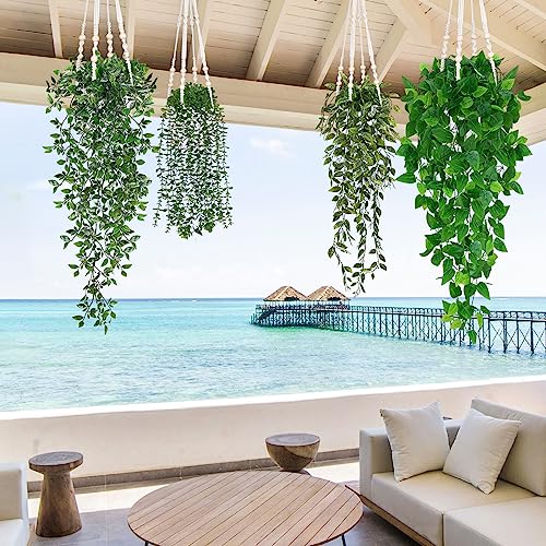 Waipfaru Fake Hanging Plant with Pot, 4Pcs Artificial Hanging Plants with Fake Ivy Vines, Faux Potted Greenery Faux Eucalyptus Pothos Mandala Pea Pods for Home Room Wall Shelf Indoor Outdoor Decor