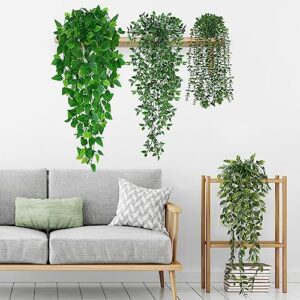 Waipfaru Fake Hanging Plant with Pot, 4Pcs Artificial Hanging Plants with Fake Ivy Vines, Faux Potted Greenery Faux Eucalyptus Pothos Mandala Pea Pods for Home Room Wall Shelf Indoor Outdoor Decor