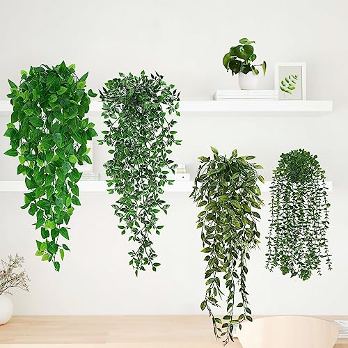 Waipfaru Fake Hanging Plant with Pot, 4Pcs Artificial Hanging Plants with Fake Ivy Vines, Faux Potted Greenery Faux Eucalyptus Pothos Mandala Pea Pods for Home Room Wall Shelf Indoor Outdoor Decor