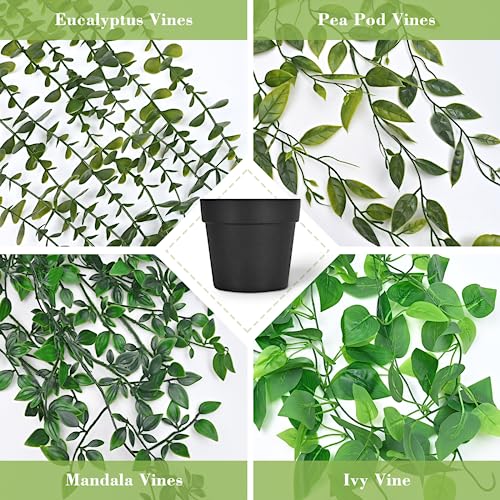 Waipfaru Fake Hanging Plant with Pot, 4Pcs Artificial Hanging Plants with Fake Ivy Vines, Faux Potted Greenery Faux Eucalyptus Pothos Mandala Pea Pods for Home Room Wall Shelf Indoor Outdoor Decor