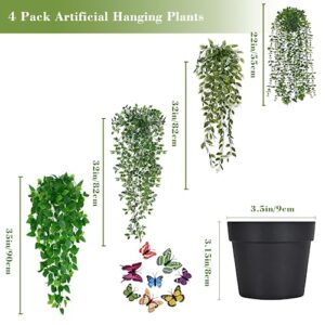 Waipfaru Fake Hanging Plant with Pot, 4Pcs Artificial Hanging Plants with Fake Ivy Vines, Faux Potted Greenery Faux Eucalyptus Pothos Mandala Pea Pods for Home Room Wall Shelf Indoor Outdoor Decor