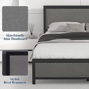 VECELO Queen Size Bed Frame with Linen Fabric Headboard and Footboard, Heavy-Duty Platform with Strong Steel Slats, No Box Spring Needed, Easy Assembly, Grey