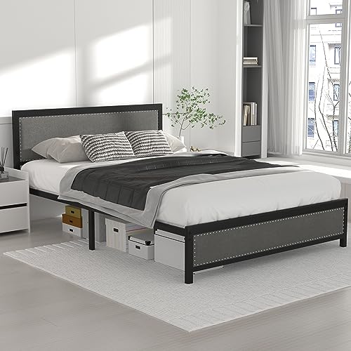 VECELO Queen Size Bed Frame with Linen Fabric Headboard and Footboard, Heavy-Duty Platform with Strong Steel Slats, No Box Spring Needed, Easy Assembly, Grey