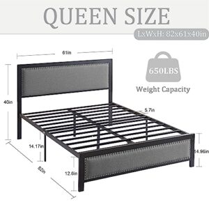 VECELO Queen Size Bed Frame with Linen Fabric Headboard and Footboard, Heavy-Duty Platform with Strong Steel Slats, No Box Spring Needed, Easy Assembly, Grey