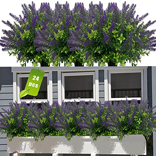 JIFTOK Artificial Lavender Flowers for Outdoors, 24 Bundles Faux Plastic Purple Flowers, UV Resistant Fake Plants Shrub Mums Greenery for Hanging Planters Window Box Front Porch Indoor Outside Décor