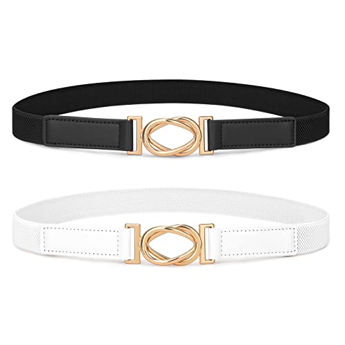 XZQTIVE 2 Pack Women Skinny Belt for Dresses Stretch Waist Belt Elastic Ladies Thin Belt with Gold Metal Buckle (Black+white, Fit Waist 27-32 inch)