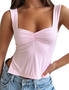 lauweion women sleeveless y2k skinny crop tank tops strappy ruched sweetheart neck backless slits bustier top pink