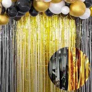 eufars black and gold party decorations - 4pack 3.2x8.2ft foil fringe curtains for birthday graduation masquerade gatsby themed party decorations