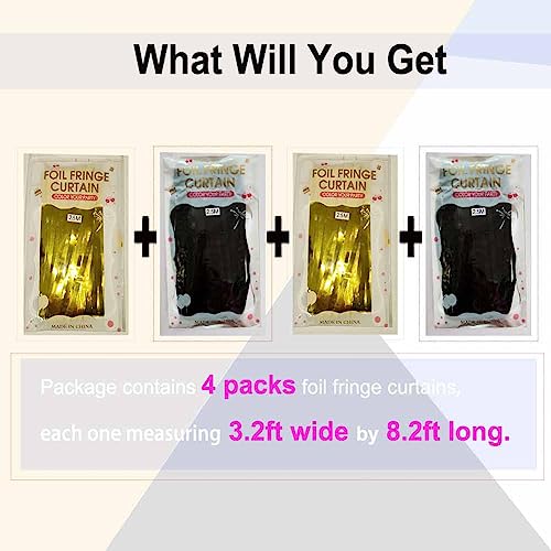 EUFARS Black and Gold Party Decorations - 4Pack 3.2x8.2ft Foil Fringe Curtains for Birthday Graduation Masquerade Gatsby Themed Party Decorations