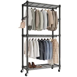 tophorse t1 heavy duty rolling clothes rack, double rods clothing rack for hanging clothes, adjustable metal wire garment rack with lockable wheels & side hooks, portable closet wardrobe storage.