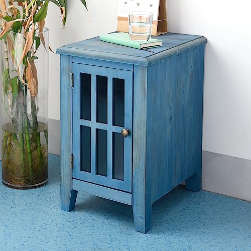 Hoeneo Nightstands Farmhouse Nightstand Bedside Table with Storage, Narrow End Side Table, Strong and Sturdy Easy Assembly Vintage Blue 15.7"X11.8"X19.5"