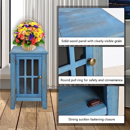 Hoeneo Nightstands Farmhouse Nightstand Bedside Table with Storage, Narrow End Side Table, Strong and Sturdy Easy Assembly Vintage Blue 15.7"X11.8"X19.5"