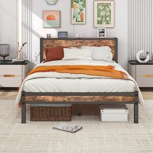diolong full size bed frame with wood headboard and charging station, platform bed frame with storage shelf, heavy duty/mattress foundation/no box spring needed/vintage brown