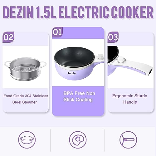 Dezin Hot Pot Electric with Steamer Upgraded, Non-Stick Sauté Pan, Rapid Noodles Electric Pot, 1.5L Mini Pot for Steak, Egg, Fried Rice, Ramen, Oatmeal, Soup with Power Adjustment (Egg Rack Included)