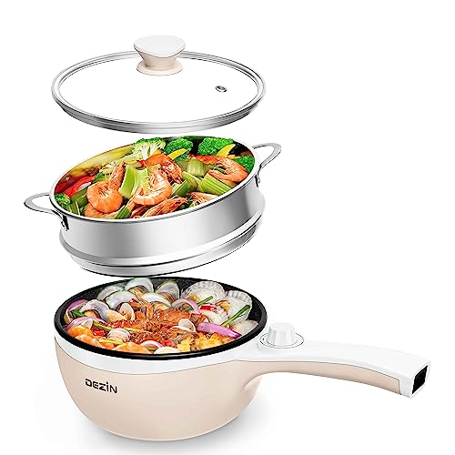 Dezin Hot Pot Electric with Steamer Upgraded, Non-Stick Sauté Pan, Rapid Noodles Electric Pot, 1.5L Mini Pot for Steak, Egg, Fried Rice, Ramen, Oatmeal, Soup with Power Adjustment (Egg Rack Included)