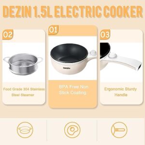 Dezin Hot Pot Electric with Steamer Upgraded, Non-Stick Sauté Pan, Rapid Noodles Electric Pot, 1.5L Mini Pot for Steak, Egg, Fried Rice, Ramen, Oatmeal, Soup with Power Adjustment (Egg Rack Included)