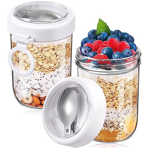 RTWDKFQ 2Pack Overnight Oats Containers With Lids and Spoons,16-Oz Glass Mason Jars Oatmeal Container, Leak-Proof Meal Prep Jars for Milk, Vegetable, and Fruit Salad Storage (White)