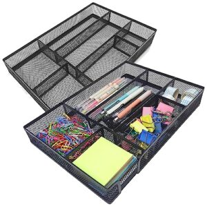 rosrose desk drawer organizer tray, metal mesh drawer organizer office w/6 compartment, multi-use desk organizer tray storage for home office school supply, desktop, 12.6 x 8.7 x1.8in, black-2 pack