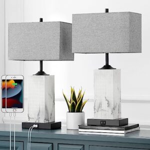 tuuana table lamps for living room set of 2, modern bedside lamps with 2 usb ports for bedroom nightstand, large end table lamps with grey fabric shades for office dorm hotel, imitation marble finish