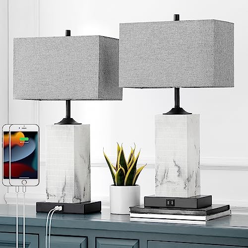 TUUANA Table Lamps for Living Room Set of 2, Modern Bedside Lamps with 2 USB Ports for Bedroom Nightstand, Large End Table Lamps with Grey Fabric Shades for Office Dorm Hotel, Imitation Marble Finish