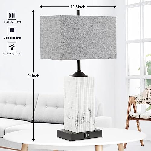 TUUANA Table Lamps for Living Room Set of 2, Modern Bedside Lamps with 2 USB Ports for Bedroom Nightstand, Large End Table Lamps with Grey Fabric Shades for Office Dorm Hotel, Imitation Marble Finish