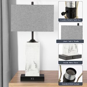 TUUANA Table Lamps for Living Room Set of 2, Modern Bedside Lamps with 2 USB Ports for Bedroom Nightstand, Large End Table Lamps with Grey Fabric Shades for Office Dorm Hotel, Imitation Marble Finish