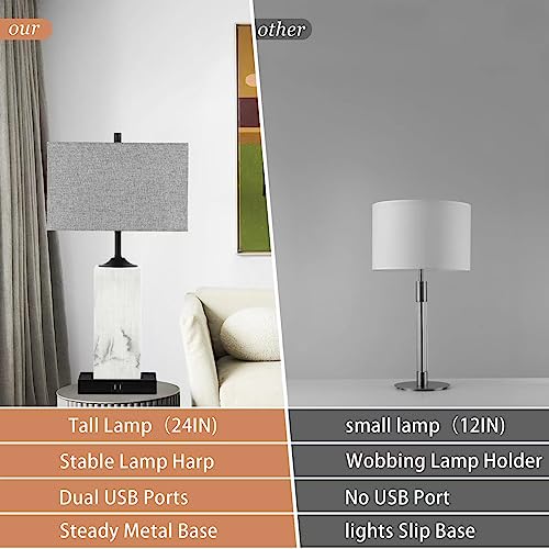 TUUANA Table Lamps for Living Room Set of 2, Modern Bedside Lamps with 2 USB Ports for Bedroom Nightstand, Large End Table Lamps with Grey Fabric Shades for Office Dorm Hotel, Imitation Marble Finish