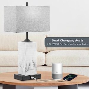 TUUANA Table Lamps for Living Room Set of 2, Modern Bedside Lamps with 2 USB Ports for Bedroom Nightstand, Large End Table Lamps with Grey Fabric Shades for Office Dorm Hotel, Imitation Marble Finish