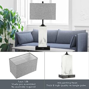 TUUANA Table Lamps for Living Room Set of 2, Modern Bedside Lamps with 2 USB Ports for Bedroom Nightstand, Large End Table Lamps with Grey Fabric Shades for Office Dorm Hotel, Imitation Marble Finish