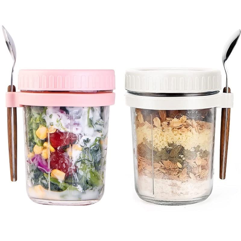 Kryhonva 2 Pack Glass Overnight Oats Container with Lids and Spoon, Overnight Oats Jars with Measurement Marks, Mason Jars for Milk, Vegetable and fruit Salad Storage Container (White+Pink)