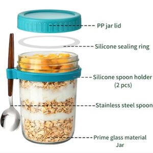 Kryhonva 2 Pack Glass Overnight Oats Container with Lids and Spoon, Overnight Oats Jars with Measurement Marks, Mason Jars for Milk, Vegetable and fruit Salad Storage Container (White+Pink)